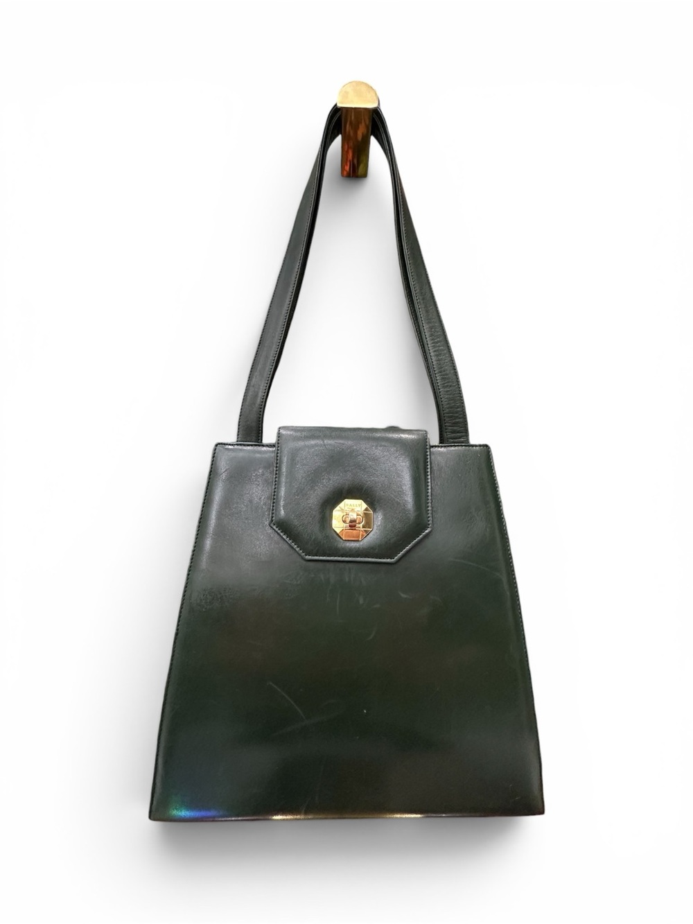 Vintage Bally Forest Green Leather Shoulder Tote Gold Turn Lock Italy